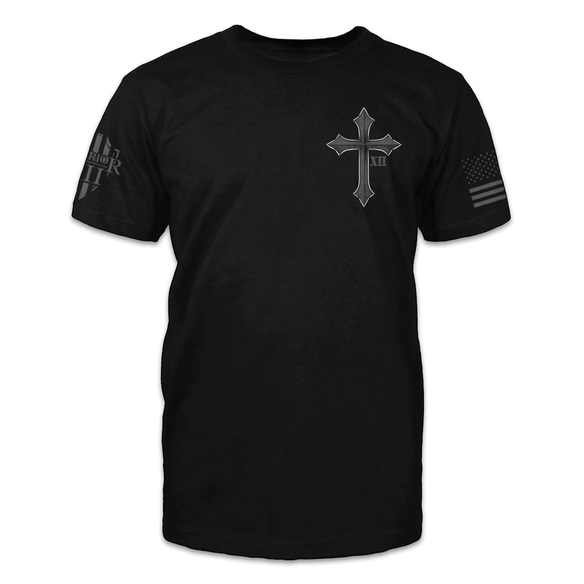 The front of a black t-shirt featuring a small pocket image of a cross