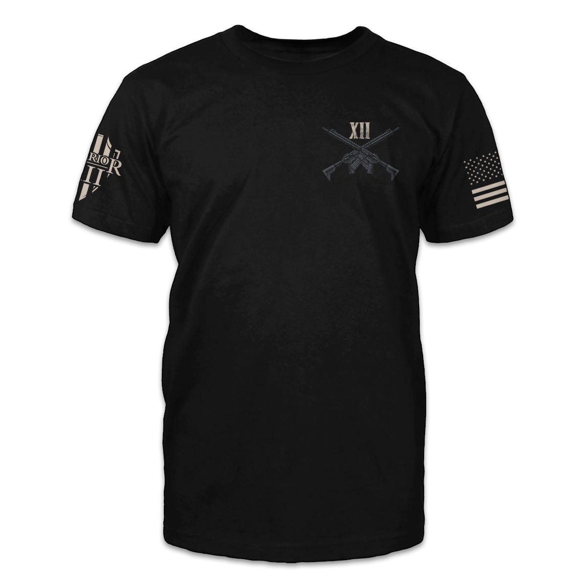 The front of a black t-shirt which has a small pocket image of two crossed AR-15 rifles.