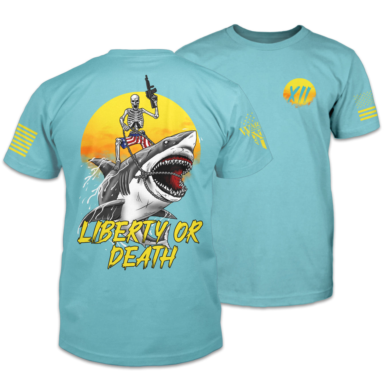 The front and back of a Tahiti Blue shirt with an image on the back of a skeleton wearing American Flag shorts riding a shark, holding a short barrel rifle, in front of a setting sun with the words "Liberty or Death" underneath.