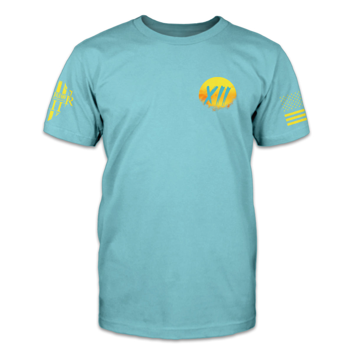 The front of a Tahiti Blue shirt with a small pocket image of an "X I I" on a setting sun.