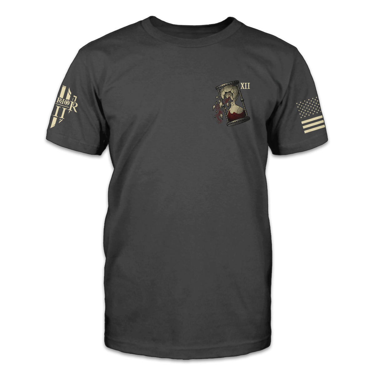 The front of an asphalt-gray shirt with a small pocket image of a broken hourglass.