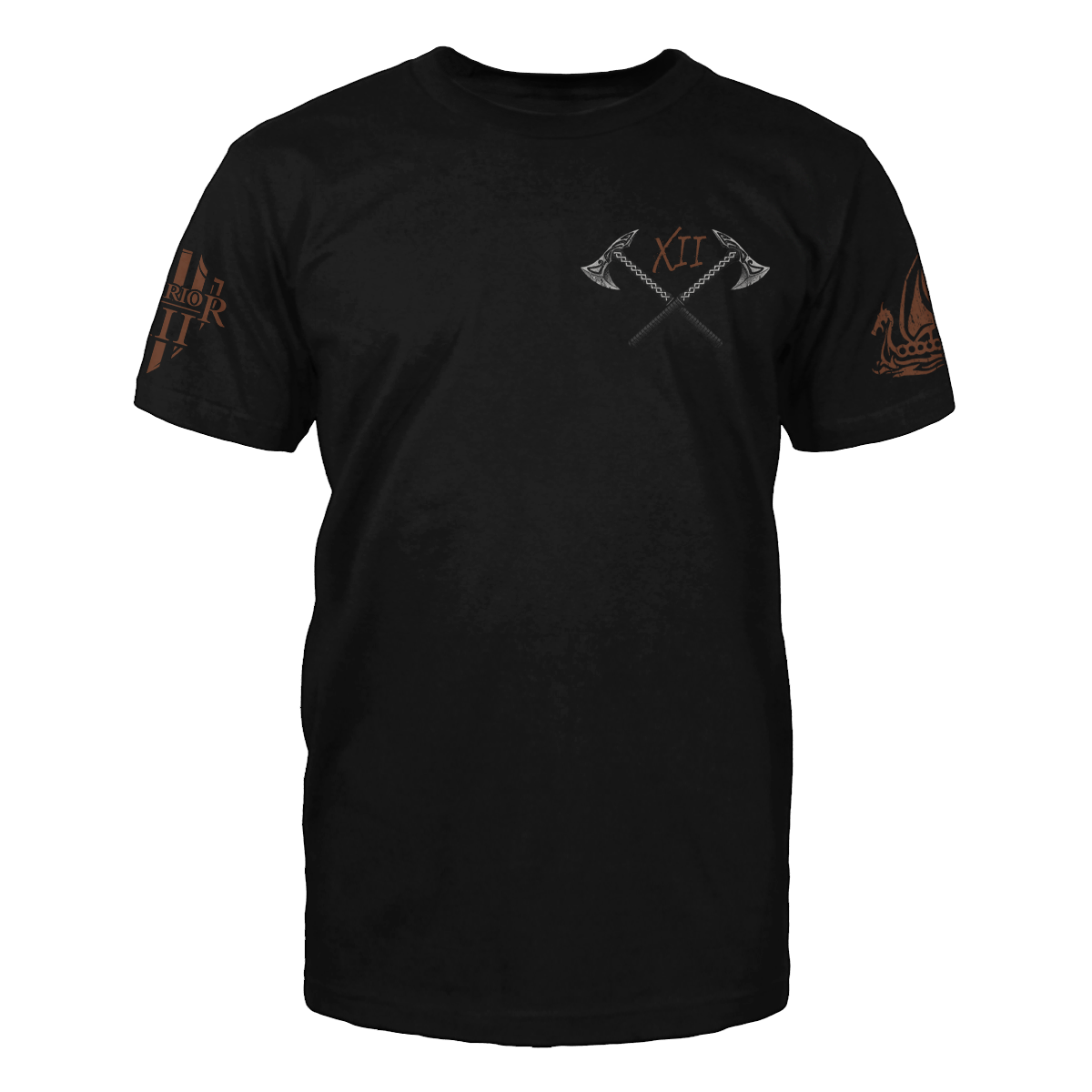 The front of a black t-shirt with a small pocket image on the front of two crossed axes.