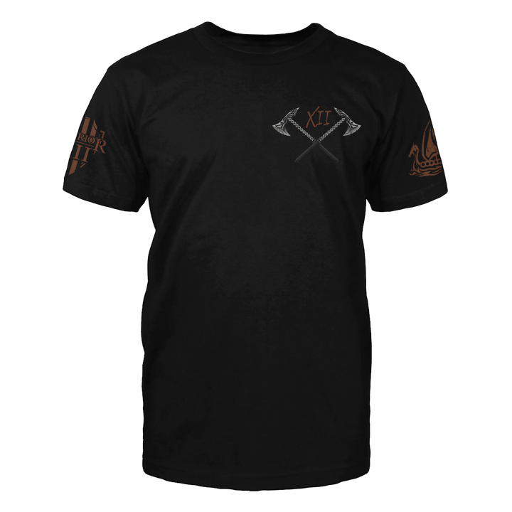 The front of a black t-shirt with a small pocket image on the front of two crossed axes.