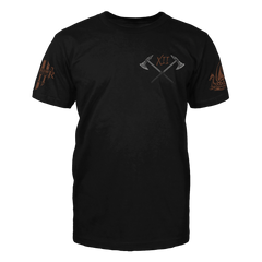 The front of a black t-shirt with a small pocket image on the front of two crossed axes.