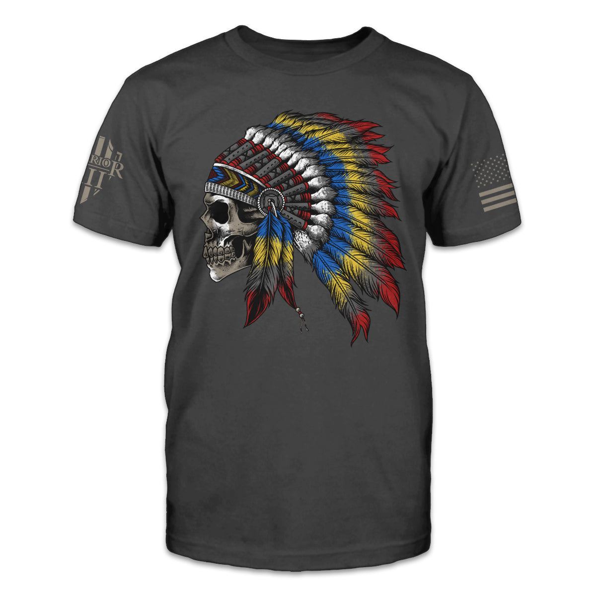 An asphalt grey t-shirt featuring a profile view Native American skull wearing a war bonnet.