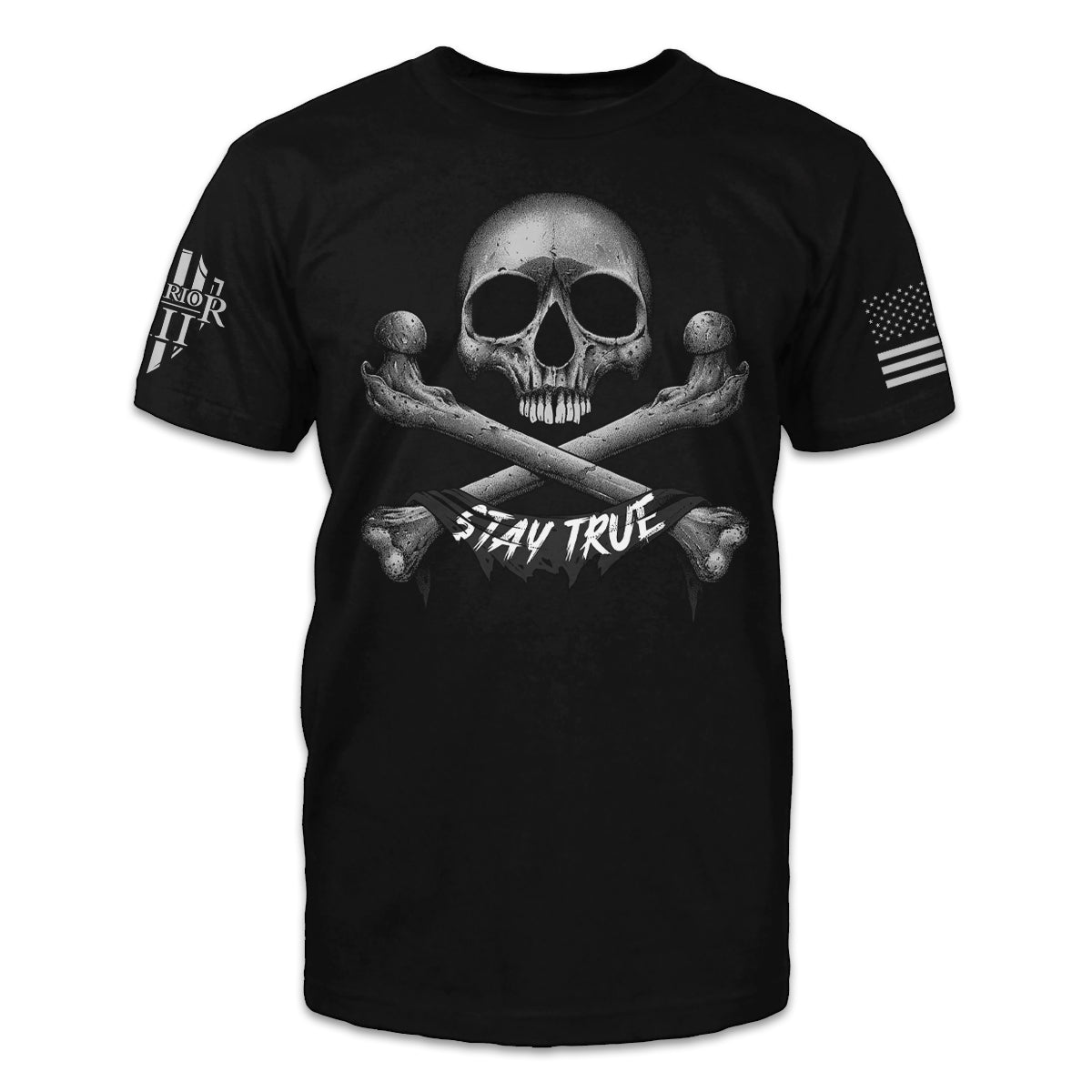 A black t-shirt with an image on the front of a skull and crossbones with a banner below which says "Stay True."