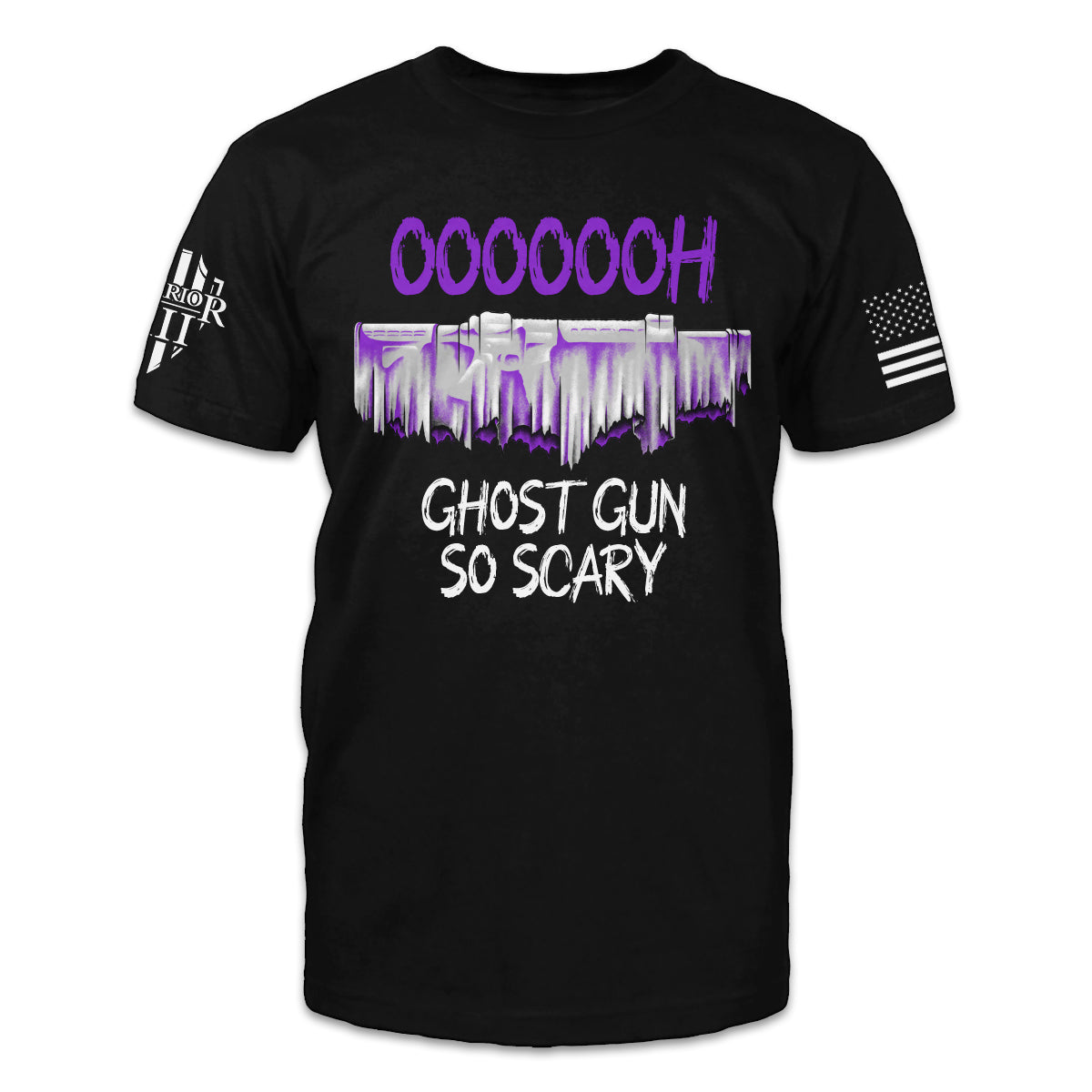 A black t-shirt with an image on the front of an AR-15 rifle under a sheet with words surrounding it "OOOOOOH, Ghost gun, So Scary"