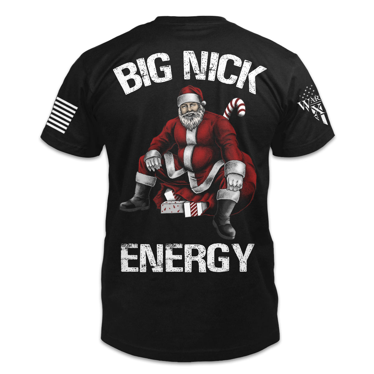 A black t-shirt with an image on the back of Santa Claus sitting on a bag of presents with the words "Big Nick Energy".