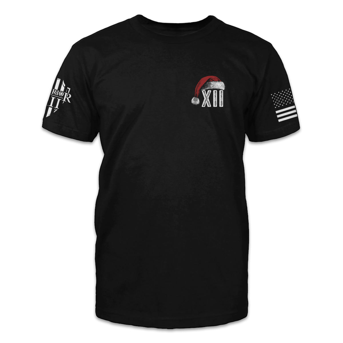 A black t-shirt with a small pocket image on the front of a Santa hat with an XII for Warrior 12.