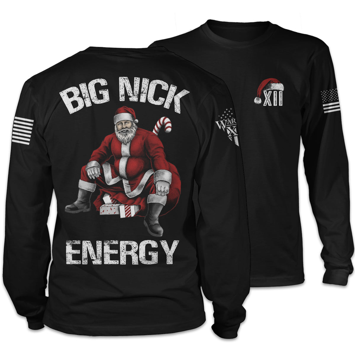 A black long sleeve shirt featuring an image on the back of Santa sitting on a bag of presents with the words "Big Nick Energy" and the front featuring a small pocket image of a Santa hat.