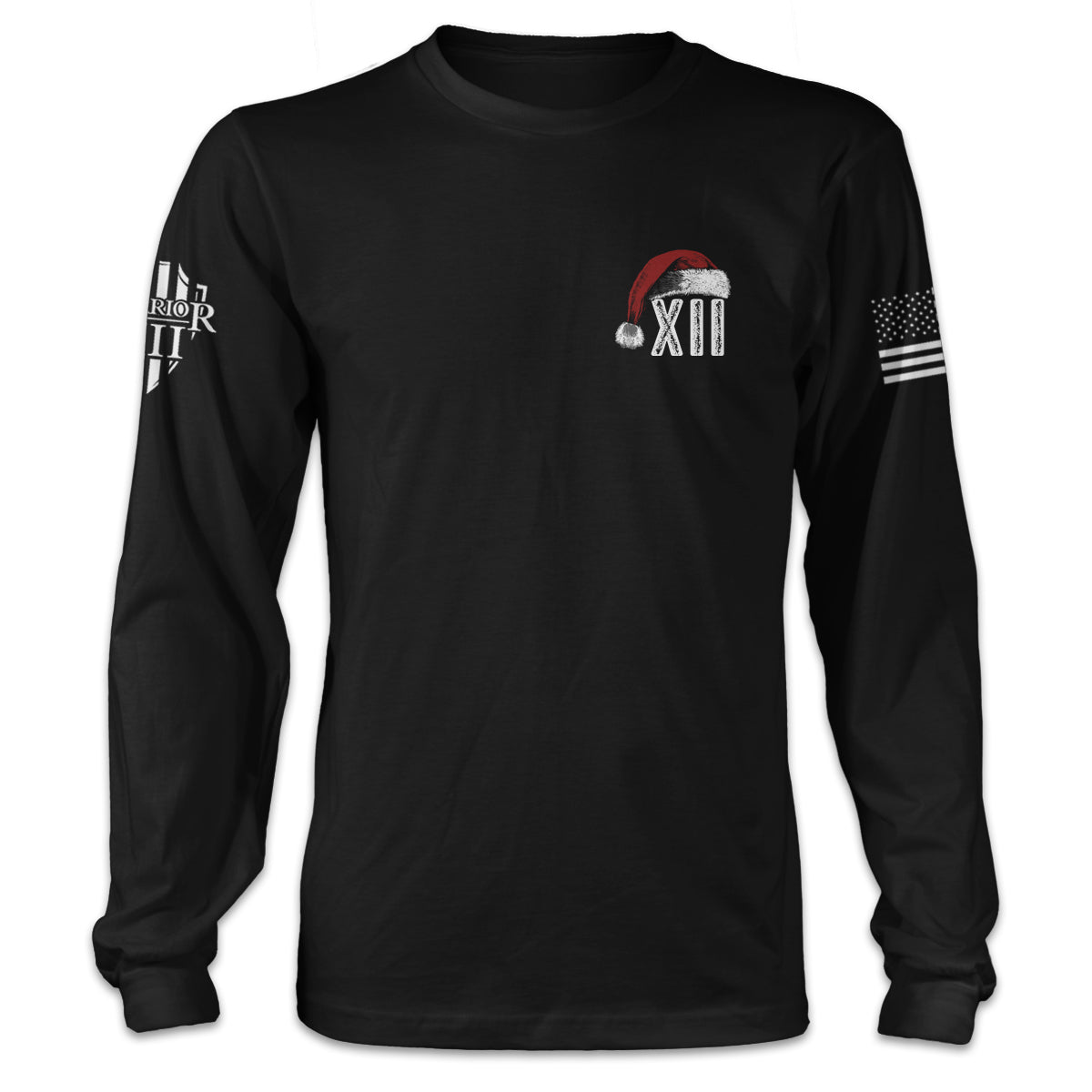 A black long sleeve shirt showing the front featuring a small pocket image of a Santa hat.
