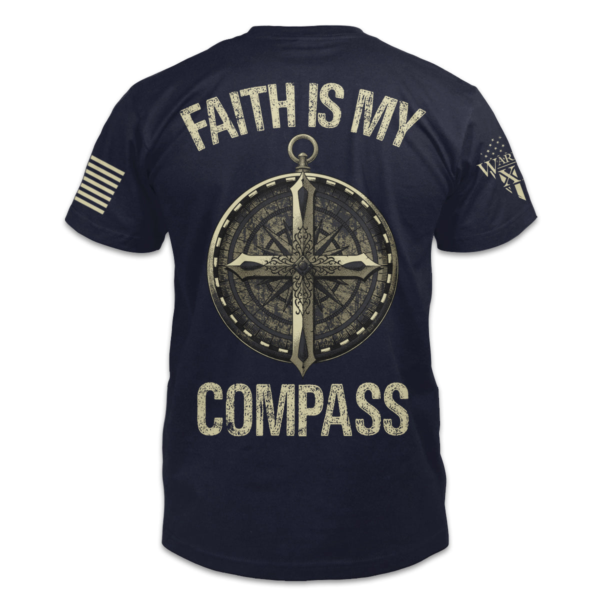 A navy blue t-shirt with an image on the back of a compass with a Christian Cross on it with the words "Faith is my Compass".
