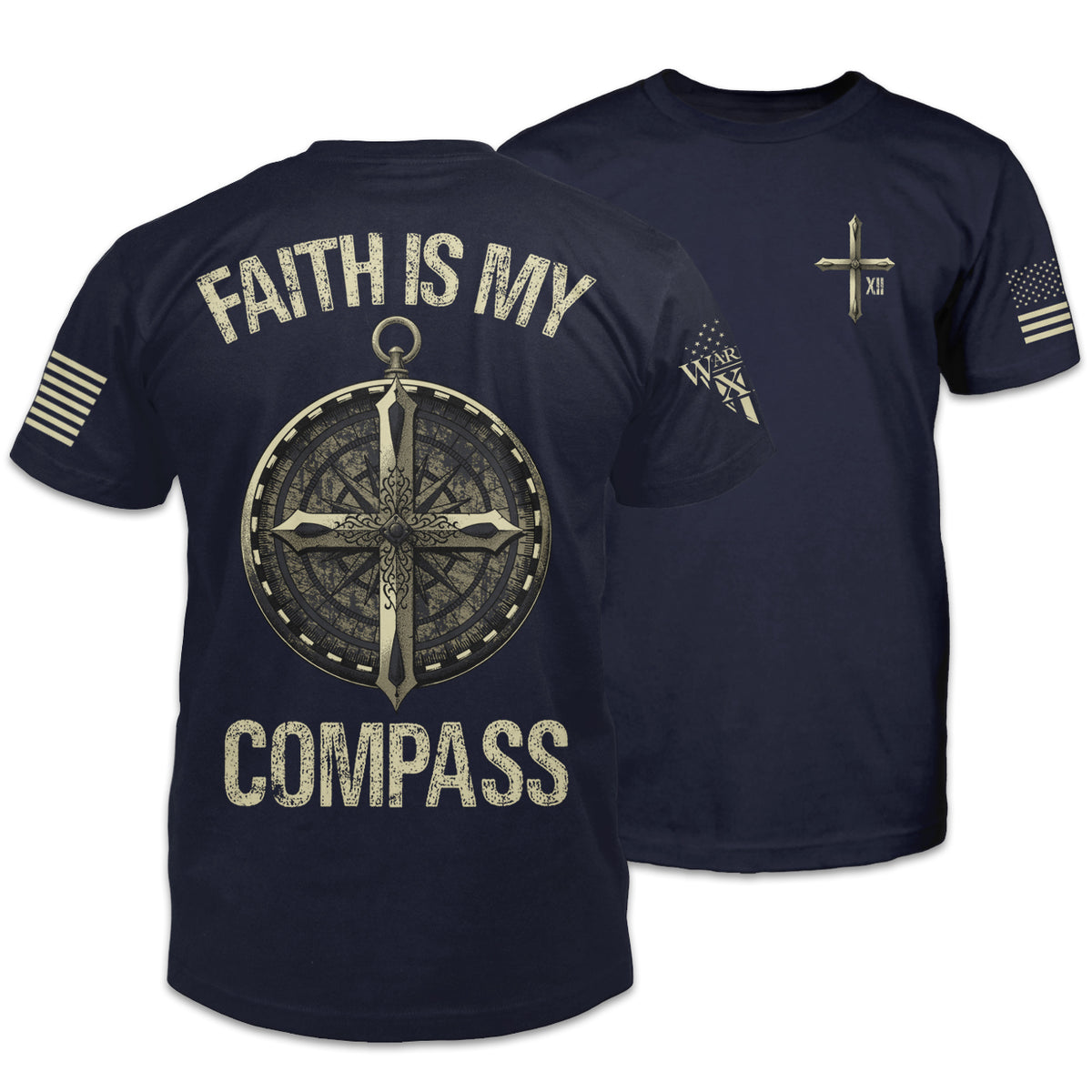 A navy blue t-shirt with an image on the back of a compass with a Christian Cross on it with the words "Faith is my Compass", and a small pocket image on the front of a cross.