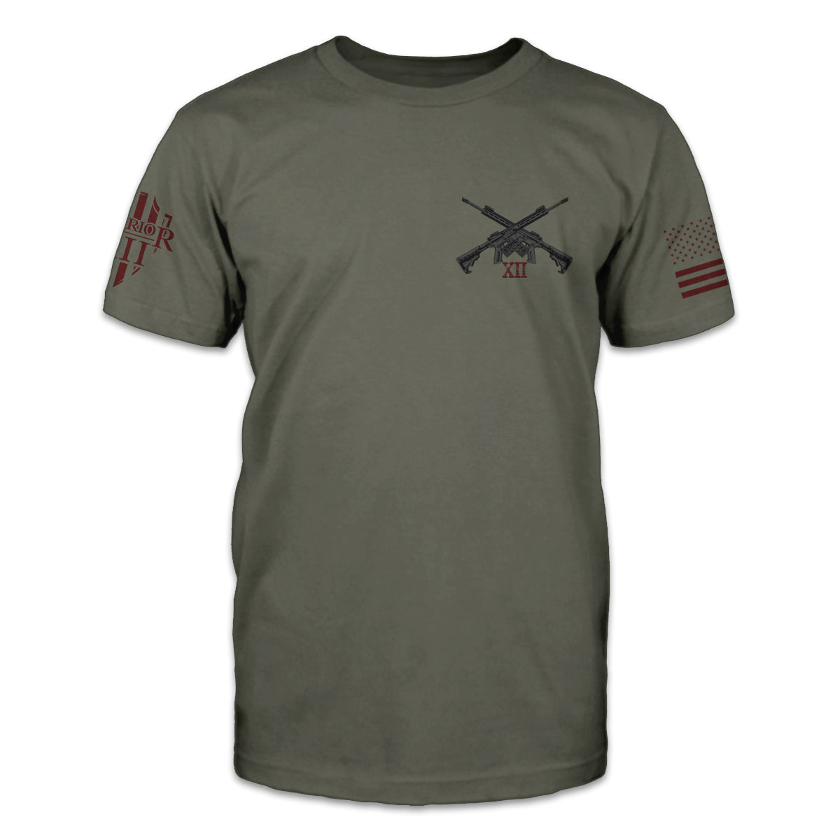 Military Green t-shirt, front picture of t-shirt with a left chest print of AR-15's in a dark grey/black.