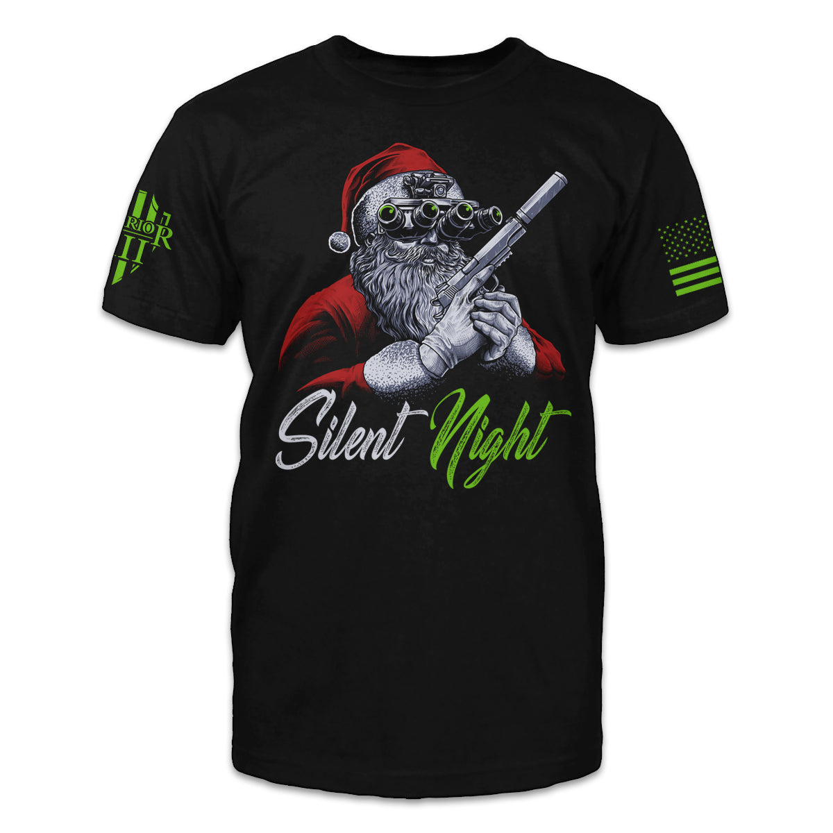 A black t-shirt with an image on the front of Santa Claus wearing night vision goggles and holding a pistol with a silencer on it above the words "Silent Night".