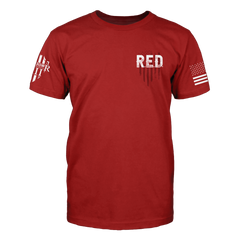 The front of a red t-shirt which features a small pocket image which says R.E.D. in front of an American flag.