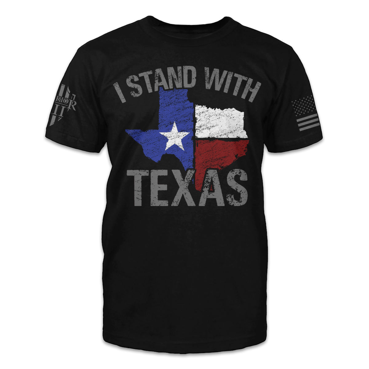A black t-shirt with an image on the front of Texas with a Texas flag in it and words around it, "I stand with Texas".
