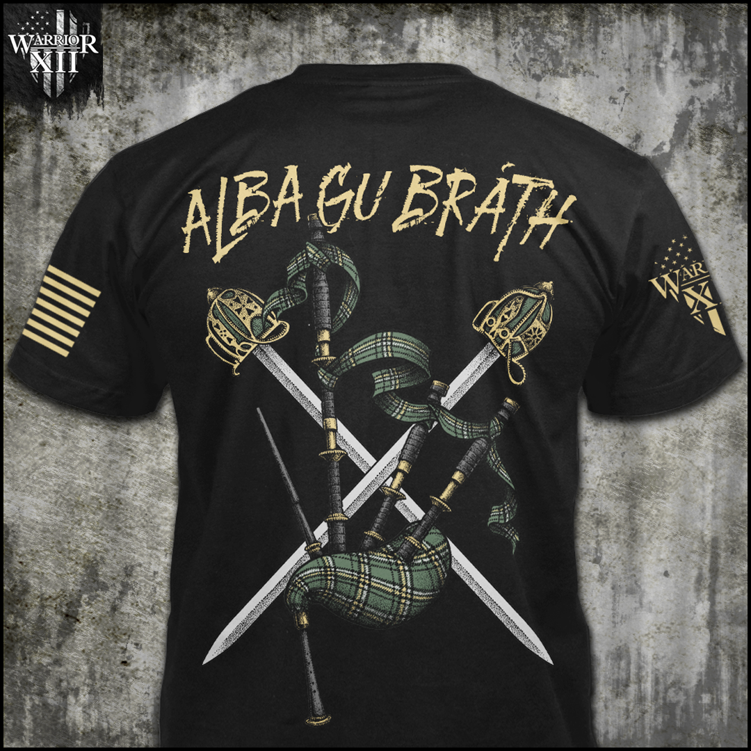 Show off your pride in your heritage with Warrior 12's Scotland Forever shirt. Featuring bagpipes wrapped in green tartan, flanked by crossed basket-hilted swords, with "Alba gu br??íth" (Scotland Forever) proudly proclaimed above. This shirt is a reminder of the enduring spirit of the Scottish people.