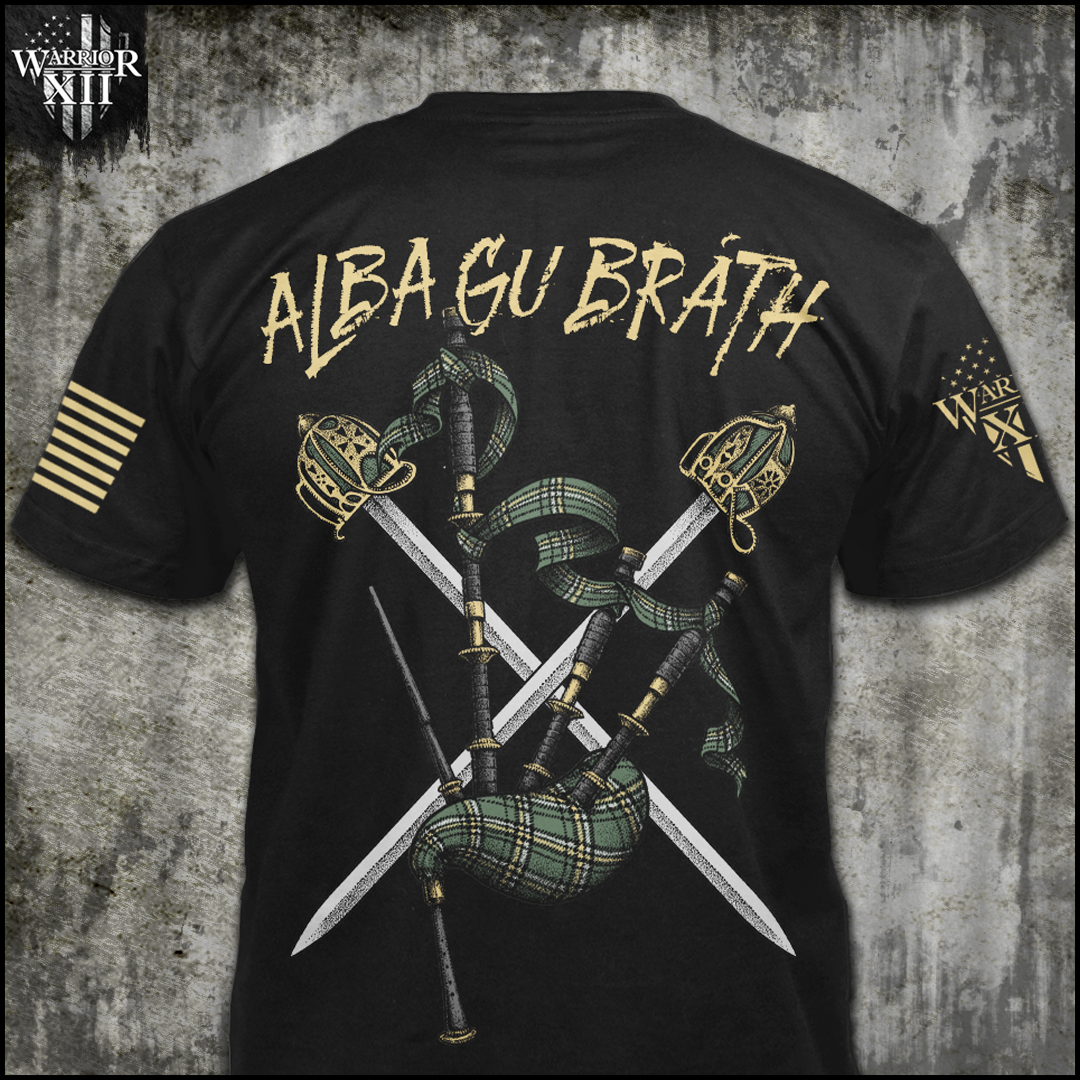 Show off your pride in your heritage with Warrior 12's Scotland Forever shirt. Featuring bagpipes wrapped in green tartan, flanked by crossed basket-hilted swords, with "Alba gu bràth" (Scotland Forever) proudly proclaimed above. This shirt is a reminder of the enduring spirit of the Scottish people.