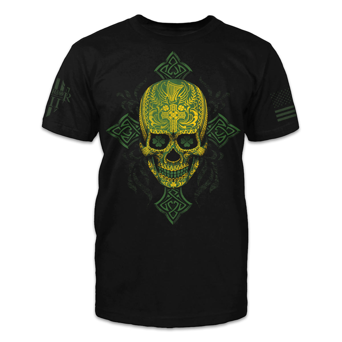 "Irish Sugar Skull" is printed on a Black t-shirt with the main design printed on the the front and the back of this t-shirt has no printing. This shirt features our brand logo on the right sleeve and the American Flag on the left sleeve.
