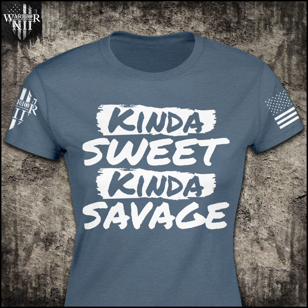 "Kinda Sweet, Kinda Savage" is printed on a heather slate blue t-shirt with the main design printed on the front and the back of this t-shirt has no printing. This shirt features our brand logo on the right sleeve and the American Flag on the left sleeve.