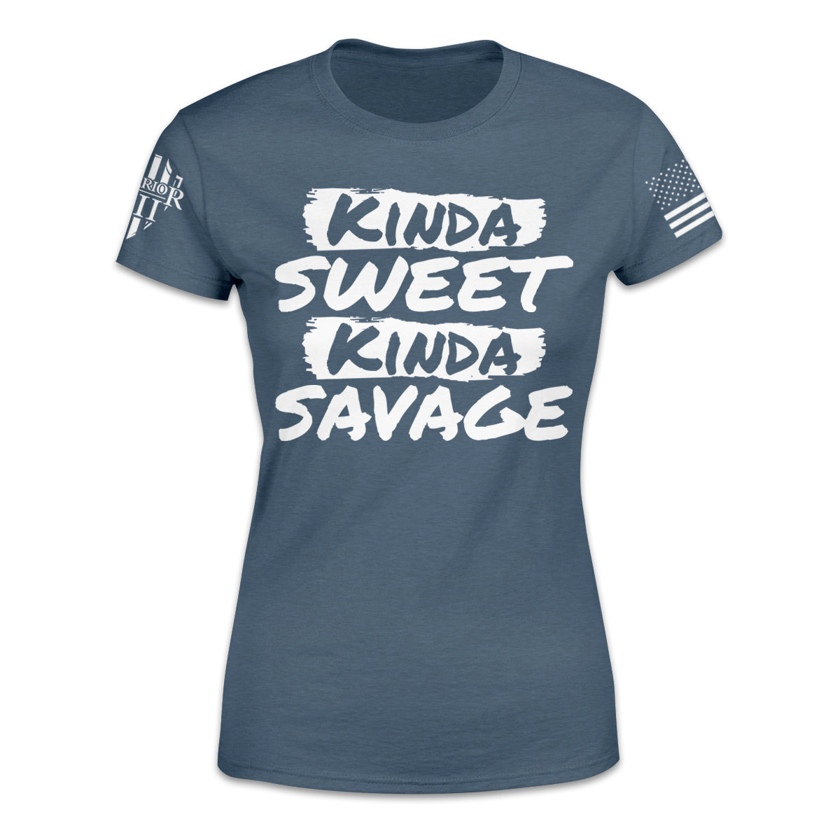 "Kinda Sweet, Kinda Savage" is printed on a heather slate blue t-shirt with the main design printed on the front and the back of this t-shirt has no printing. This shirt features our brand logo on the right sleeve and the American Flag on the left sleeve.