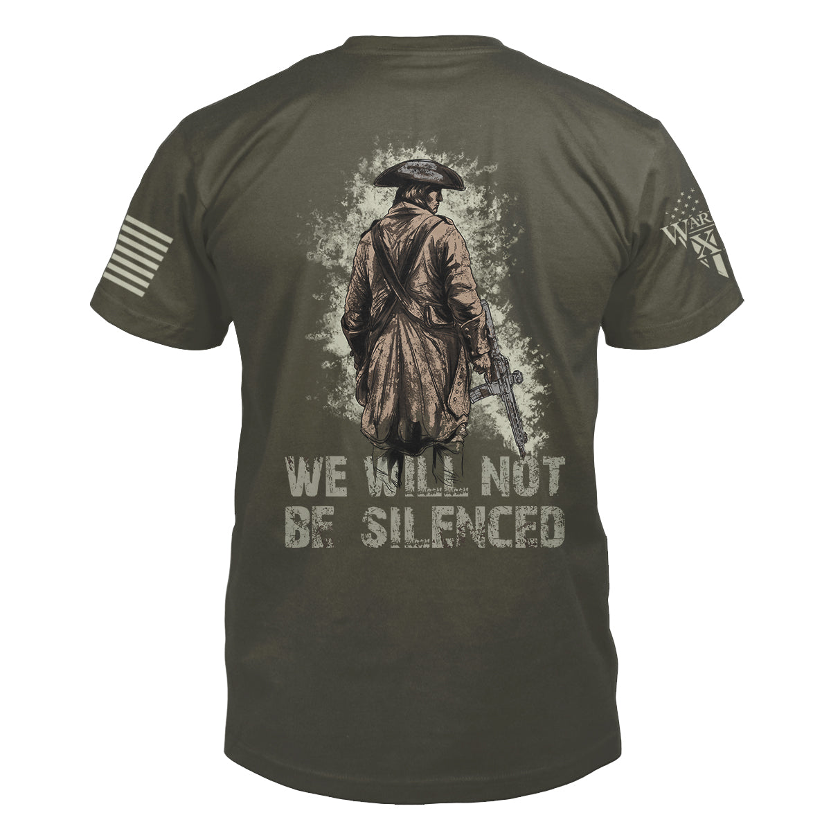 The back of "We Will Not Be Silenced" featuring the main design of, We Will Not Be Silenced, the design includes a colonial solider armed with an AR-15, with the saying We Will Not Be Silenced under it. 