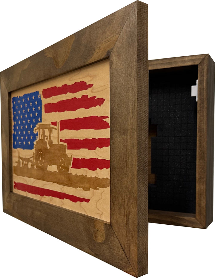 Locking Gun Cabinet Wall Mounted with American Flag and Farmer Patriotic Decorative Front