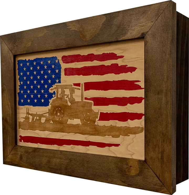 Locking Gun Cabinet Wall Mounted with American Flag and Farmer Patriotic Decorative Front