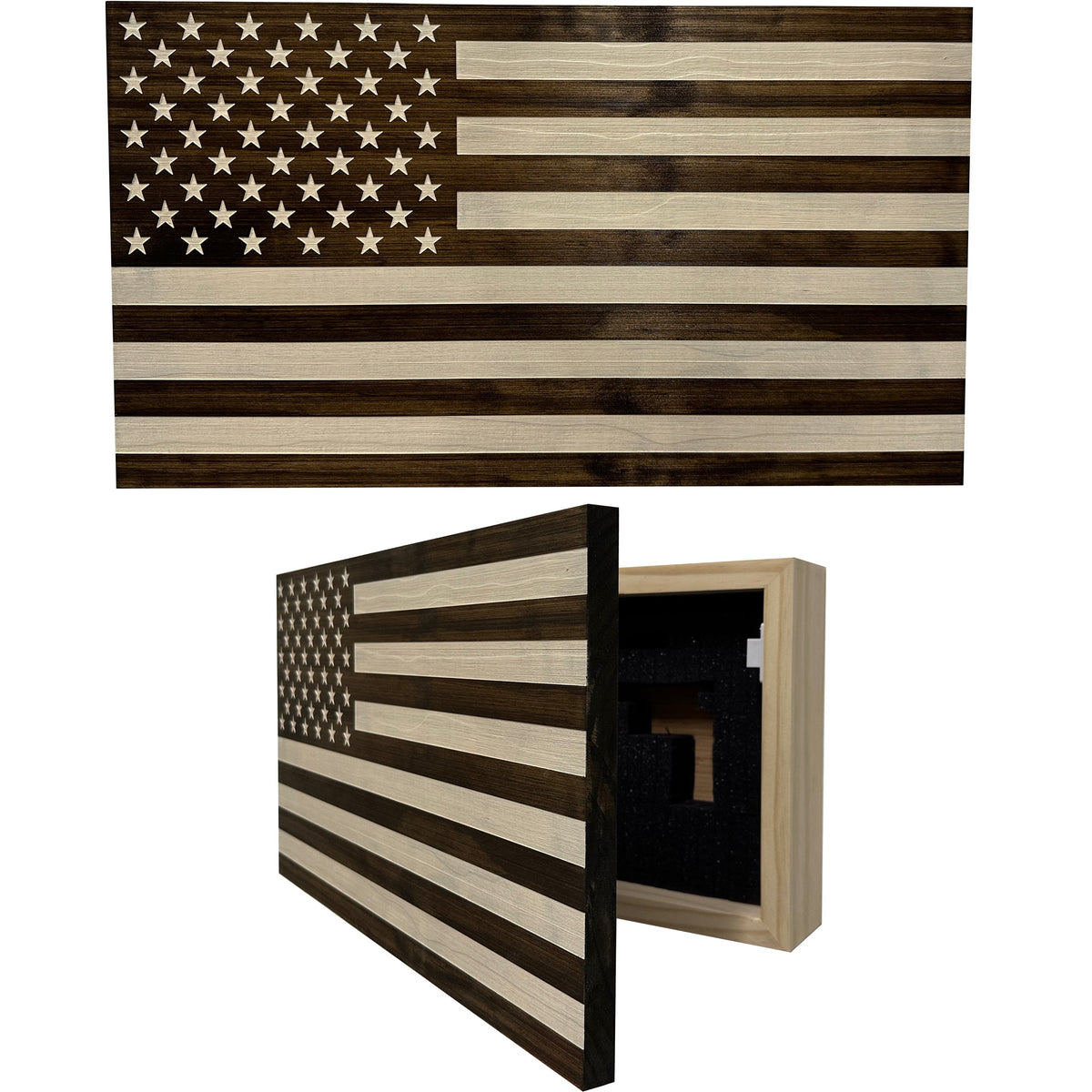 American Flag Decorative & Secure Wall-Mounted Gun Cabinet (Dark Walnut)