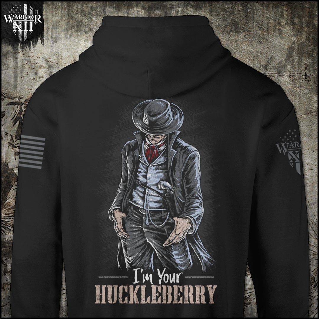 Front & back black hoodie with the words "I'm your Huckleberry" with a cowboy printed on the shirt.