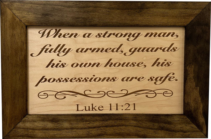 Wood Gun Cabinet Bible Verse Luke 11:21 Wall Decoration - Hidden Gun Safe To Securely Store Your Gun In Plain Sight by Bellewood Designs