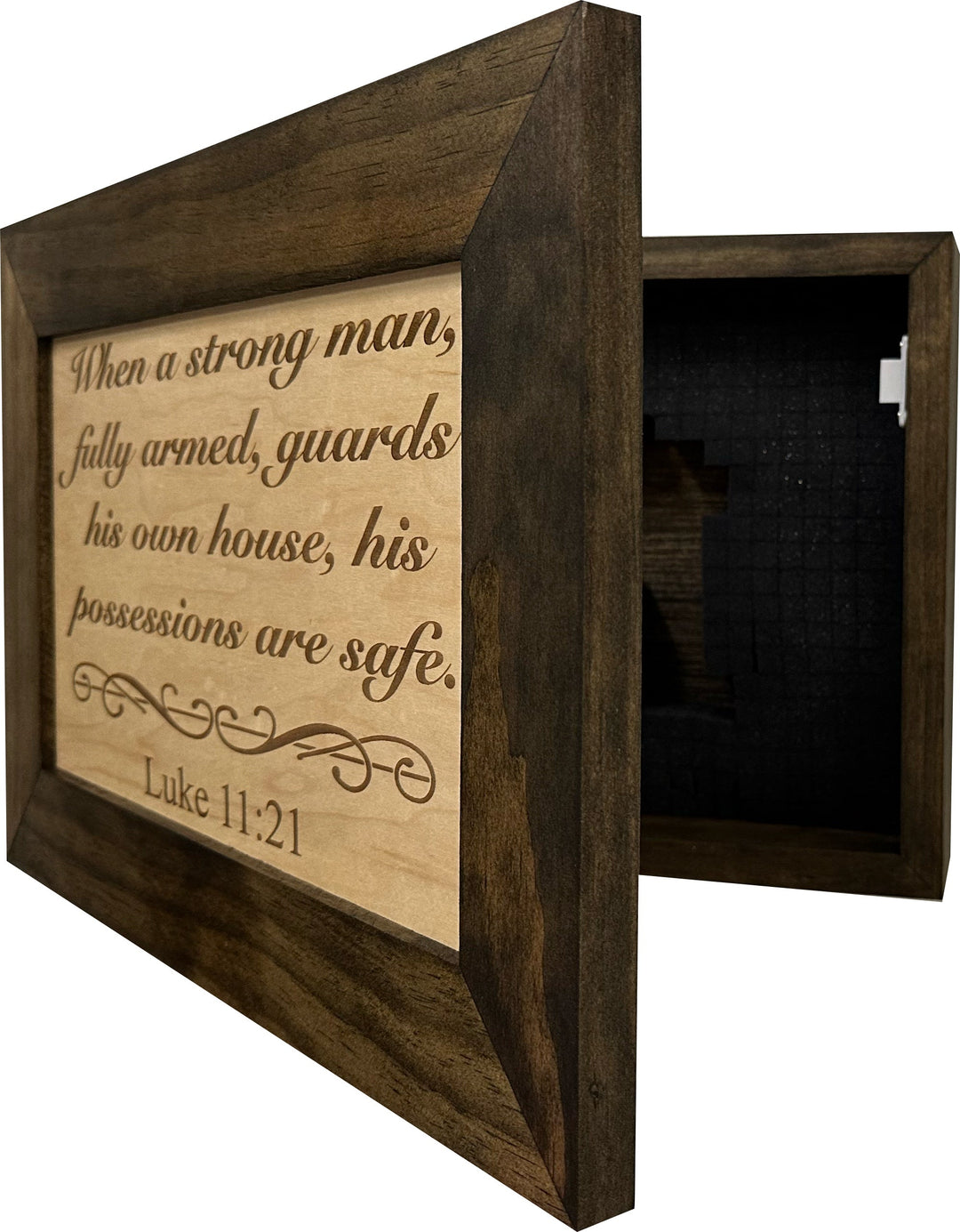 Wood Gun Cabinet Bible Verse Luke 11:21 Wall Decoration - Hidden Gun Safe To Securely Store Your Gun In Plain Sight by Bellewood Designs