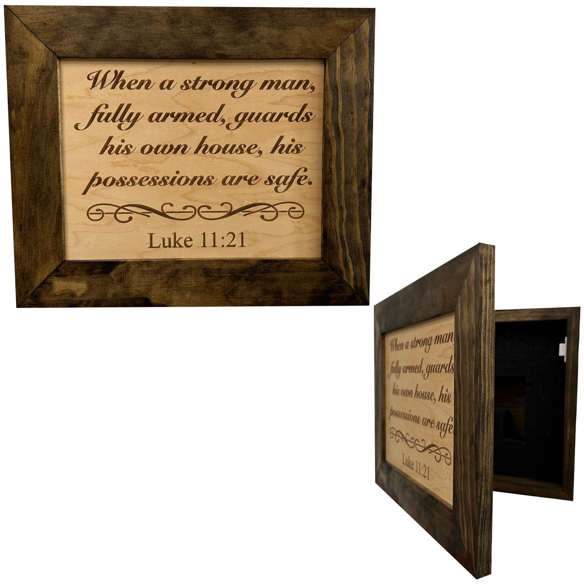 Hidden Gun Safe Recessed In Wall With Luke 11:21 Bible Verse Decoration - Recess In The Wall or Mount On The Wall by Bellewood Designs