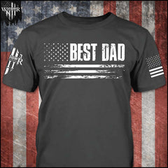 "Best Dad" is printed on a Grey t-shirt with the main design printed on the the front and the back of this t-shirt has no printing. This shirt features our brand logo on the right sleeve and the American Flag on the left sleeve.