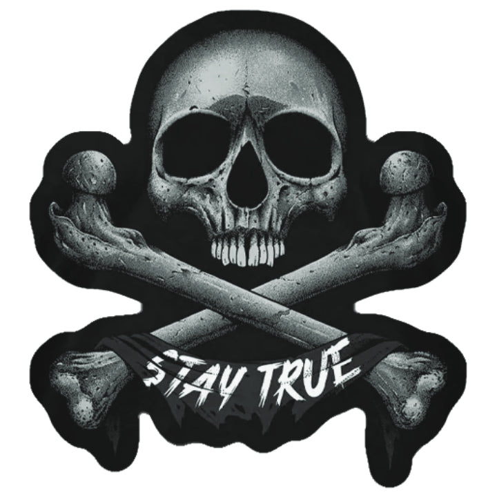 A decal featuring a skeleton with a text  Stay True??Ñ