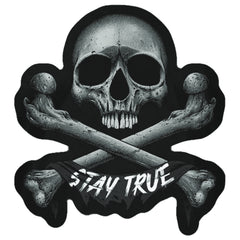 A decal featuring a skeleton with a text “Stay True”