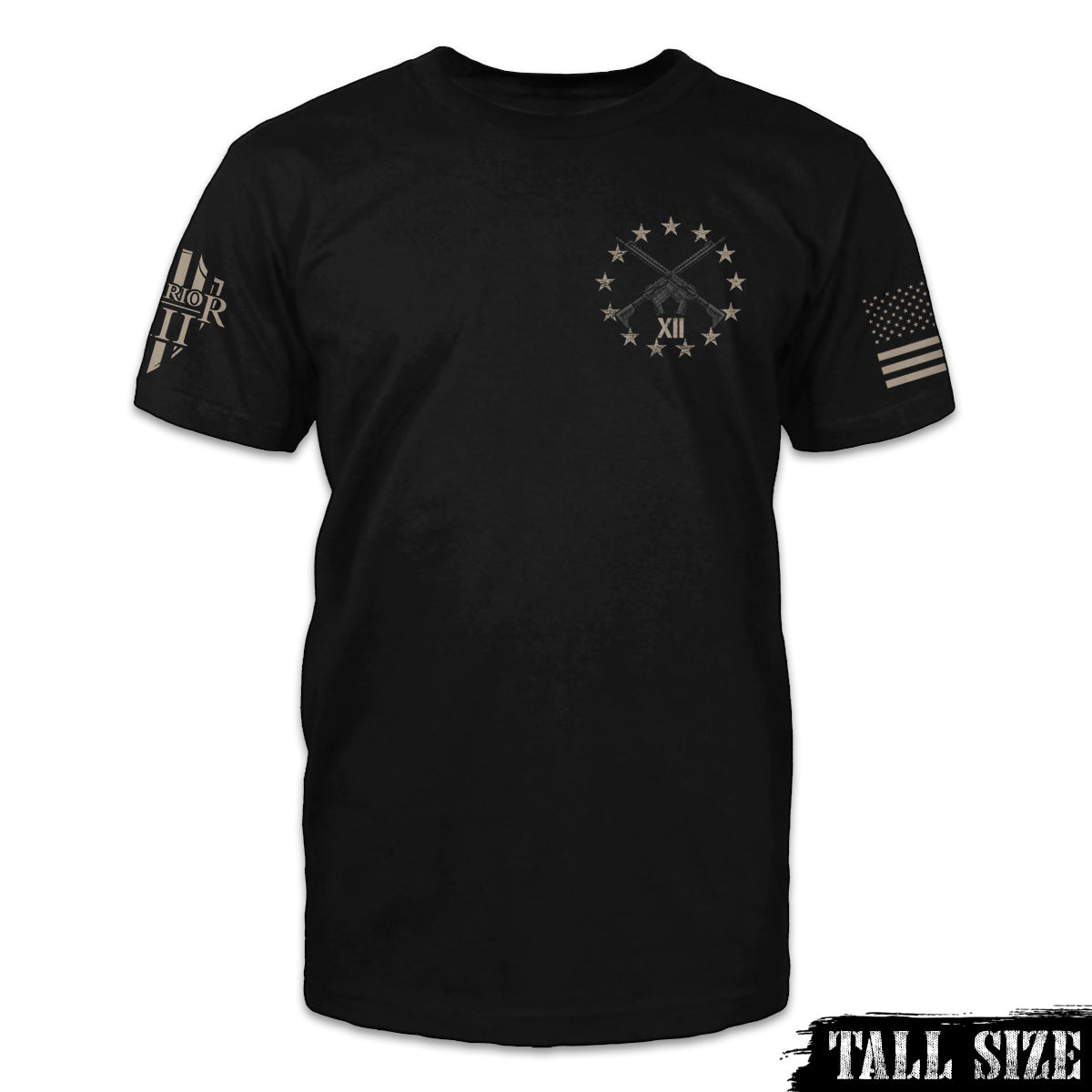 A black tall size shirt with a stars and guns emblem on the front.