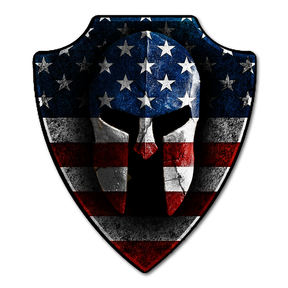 A darker American Spartan decal with a crest bearing a Spartan helmet with the American flag overlaying it.