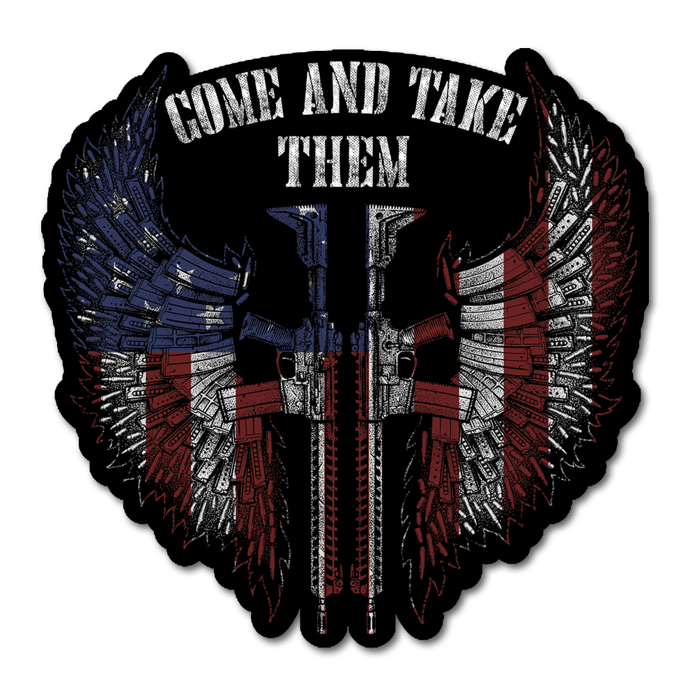 A decal with the words "Come And Take Them" with 2 guns and American flag wings made out of magazine clips.