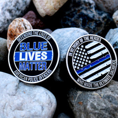 Blue Lives Matter's official challenge coin with background.