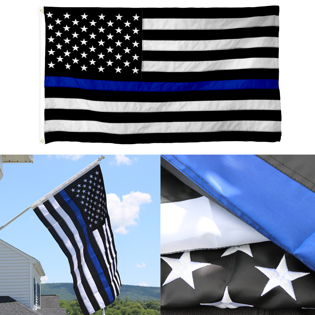 3 Images of the Embroidered Thin Blue Line Flag.