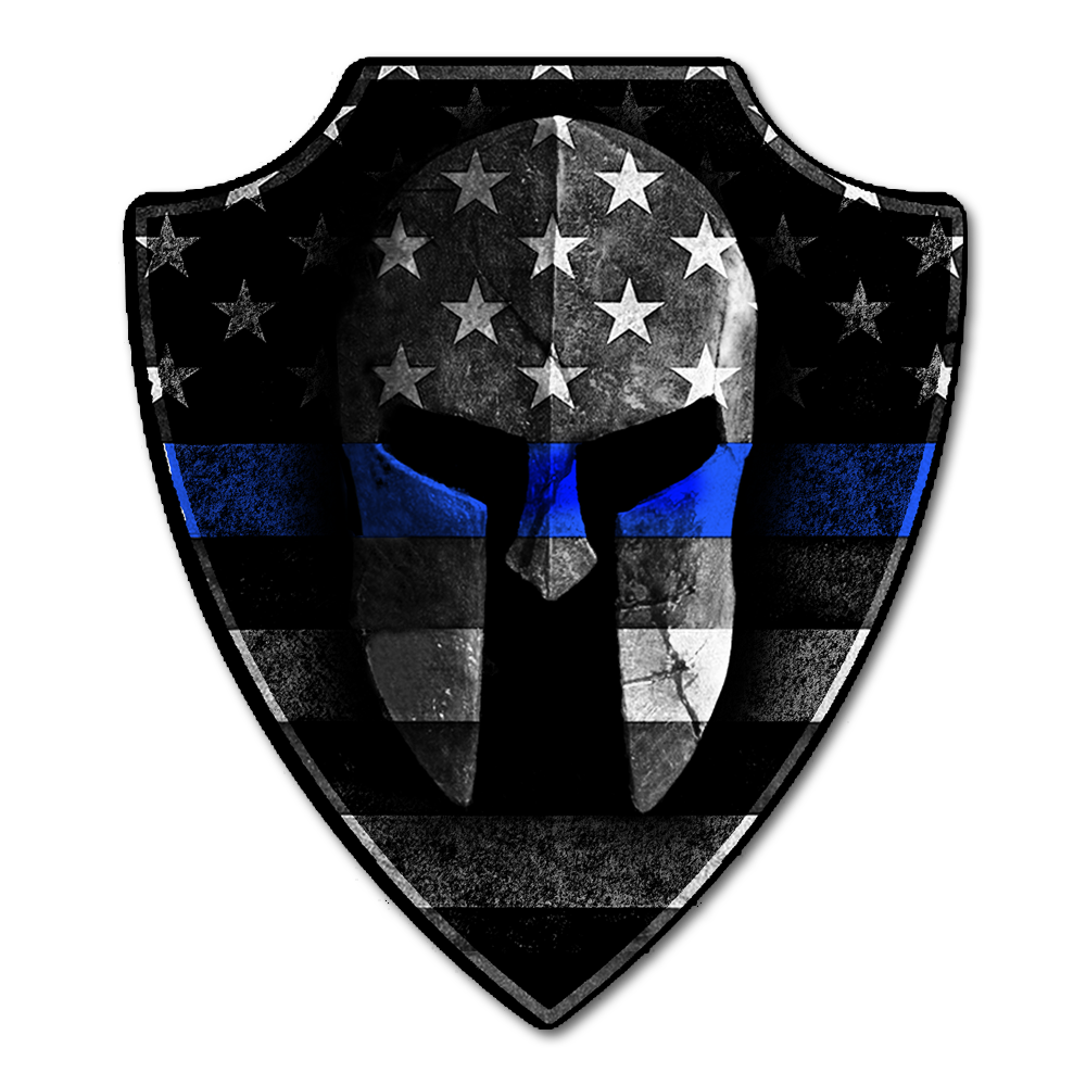 A decal with a crest bearing a Spartan helmet with the Thin Blue Line flag overlaying it.