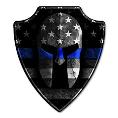 A decal with a crest bearing a Spartan helmet with the Thin Blue Line flag overlaying it.