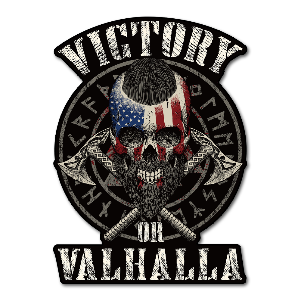 A Victory or Valhalla decal pays tribute to fearless American warriors who know that it is better to die with honor in battle than to live in shame as a coward.