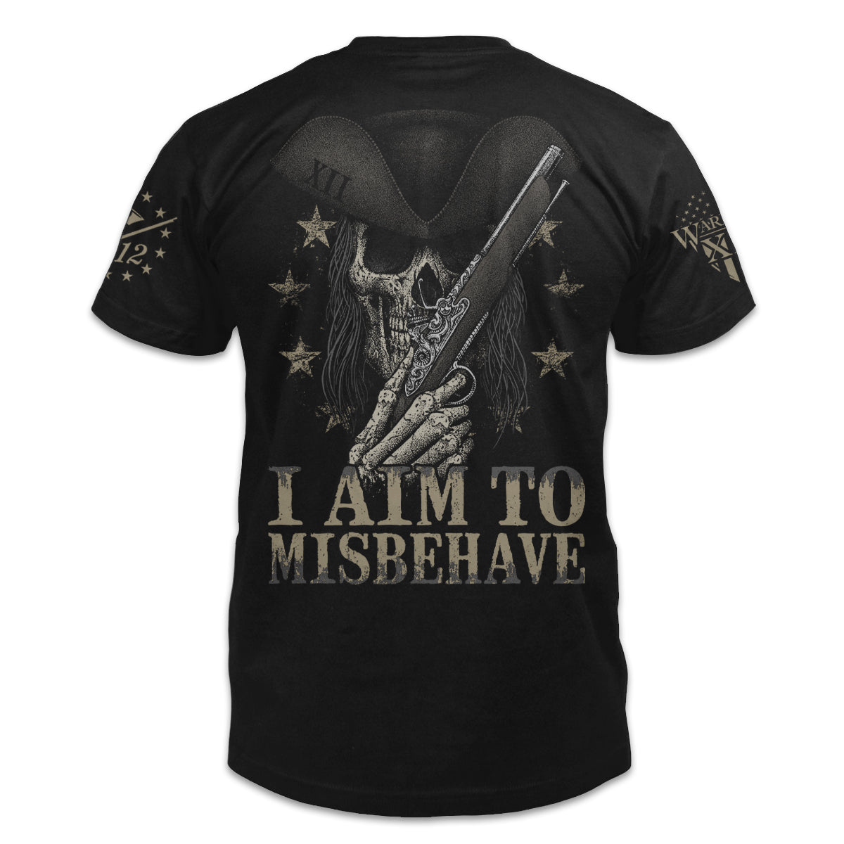 A black t-shirt with the words "I aim to misbehave" with a skeleton wearing a hat holding a gun printed on the back of the shirt.