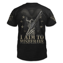 A black t-shirt with the words "I aim to misbehave" with a skeleton wearing a hat holding a gun printed on the back of the shirt.