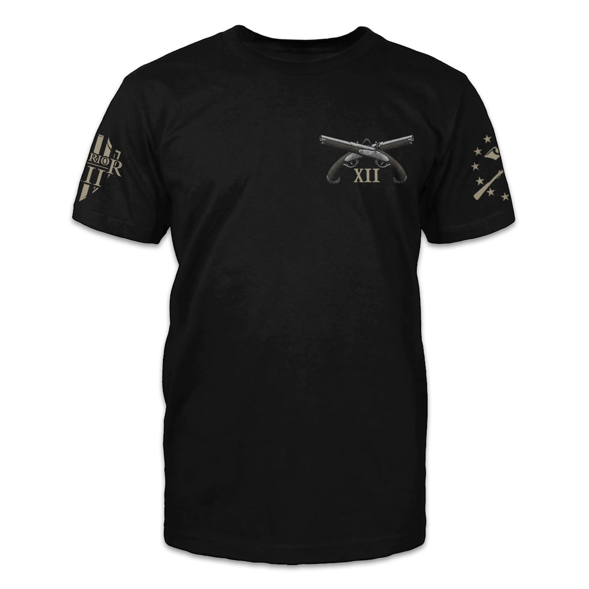 A black t-shirt with two pistols crossed over and the roman numerals XII printed on the front.