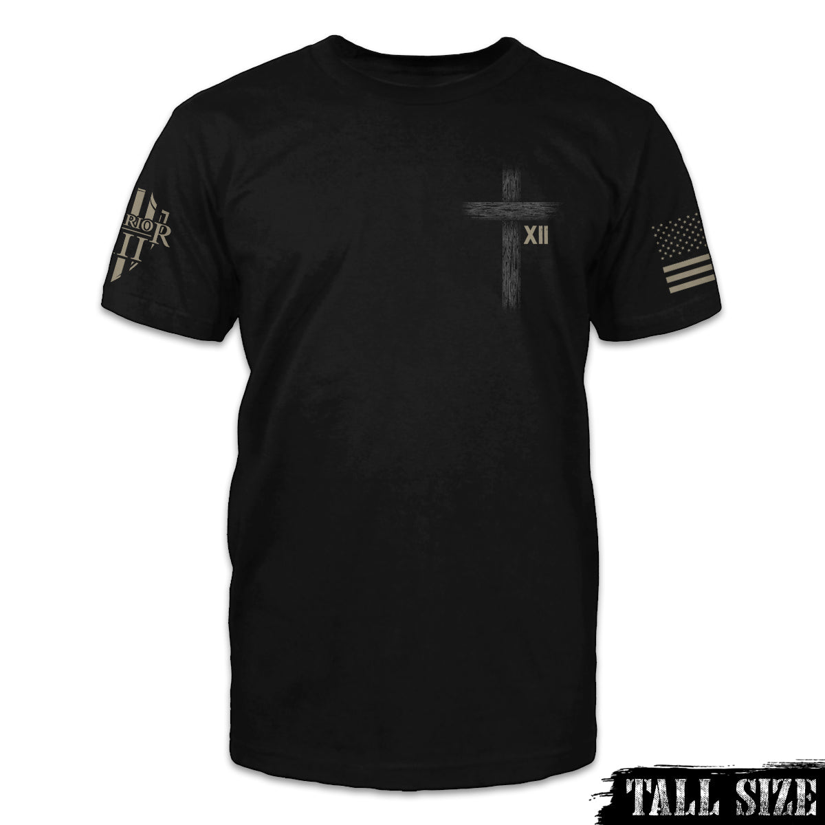 A black All Lives Matter tall sized shirt with the a cross printed on the front.