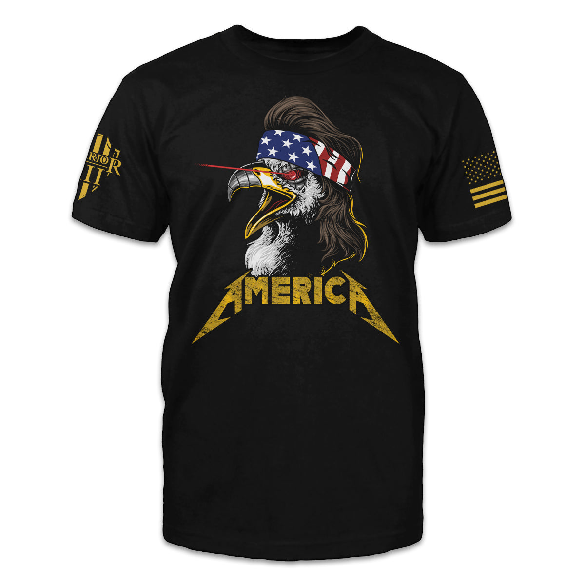 A black t-shirt with "America" and an USA eagle printed on the front of the shirt.